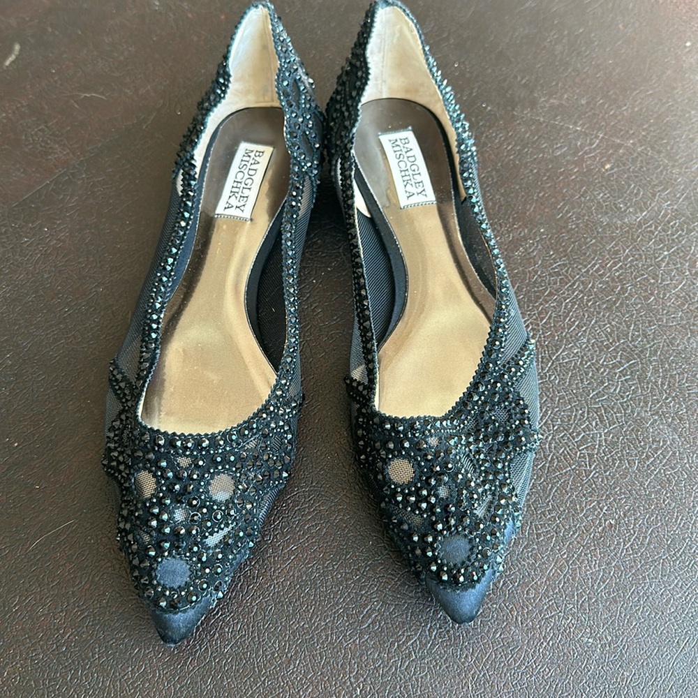 BADGLEY MISCHKA Gigi Flats Size 10  Black Satin Mesh Crystal Pointy Toe Shoes